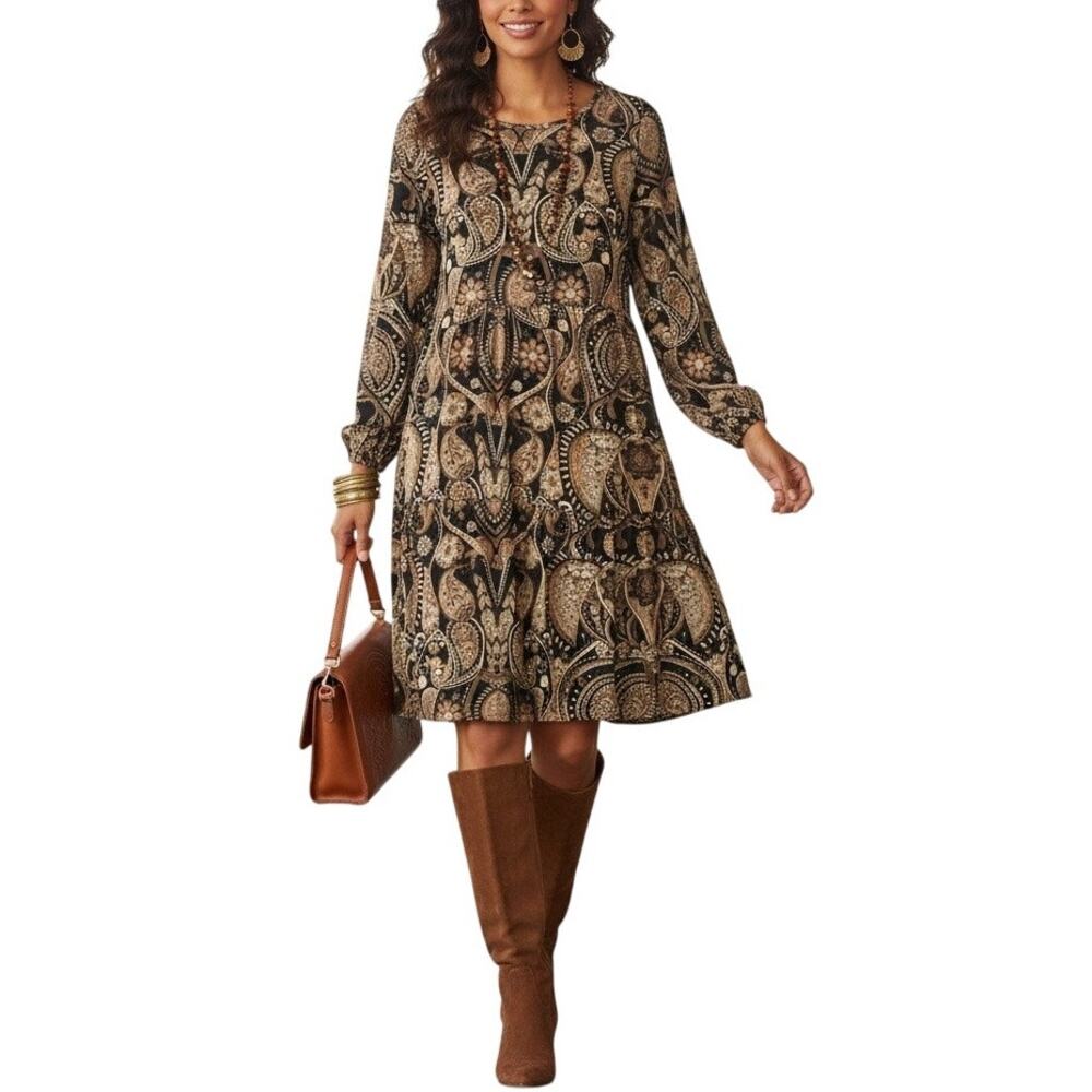 NWT Emery Rose Women's Paisley Print 2 Tier Scoop Neck Dress Brown/Tan Size S